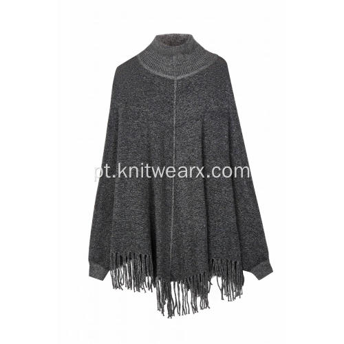 Feminino tricotado elástico com borlas de gola alta Poncho